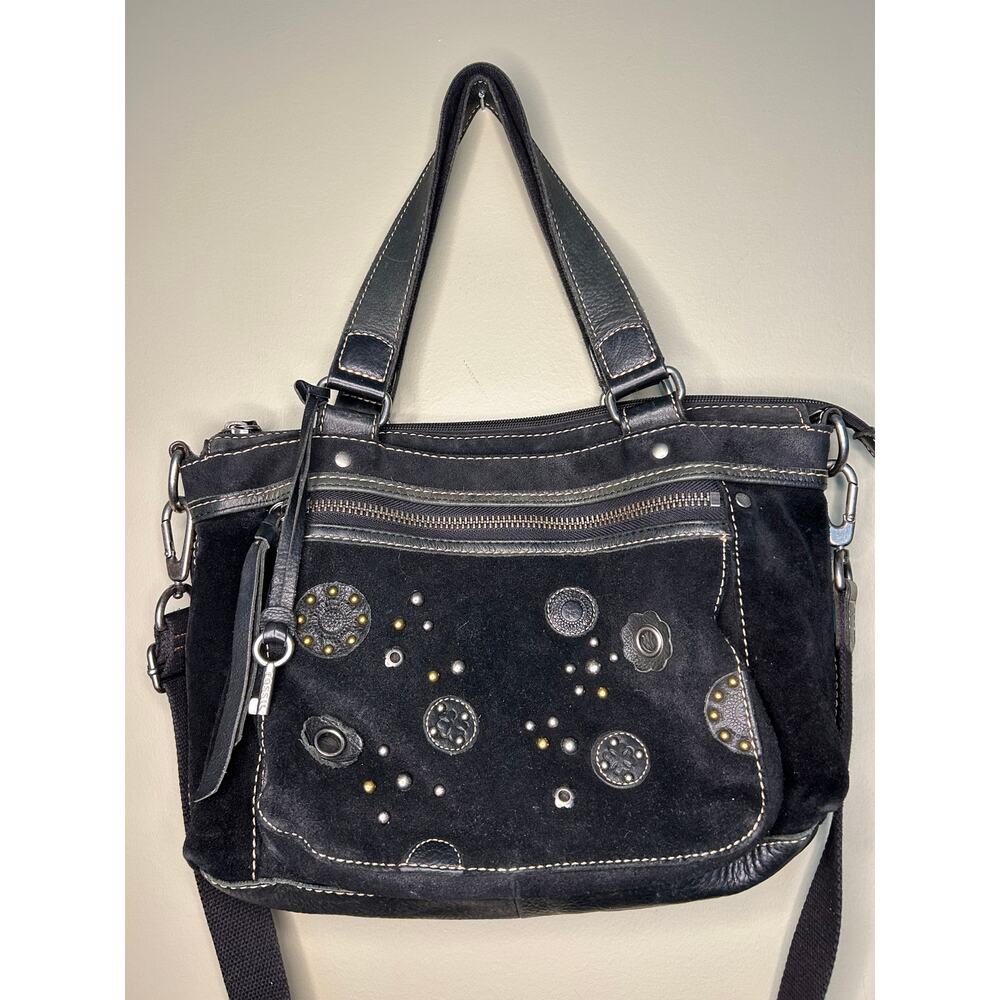 Fossil Black Suede Leather Boho Handbag Purse Studded Embossed - Picture 15 of 15